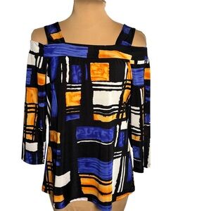 Clara Sun Woo Abstract Print Cold Shoulder Top Size Small Black Blue Orange